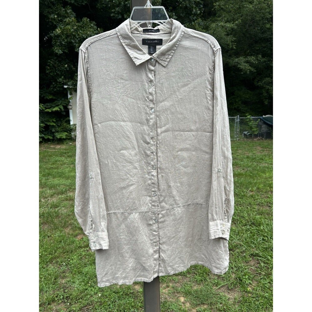 Tahari Womens L Natural 100% Linen Beachy Coastal Roll Tab Button Up Tunic Top